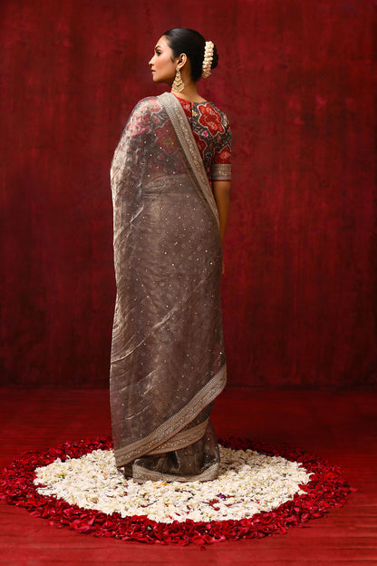 Golden Brown Tissue Foil Printed Saree