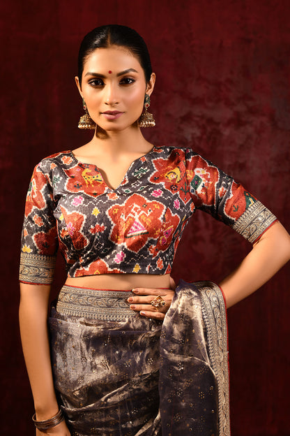 Shiny Dark Brown Tissue Foil Printed Saree