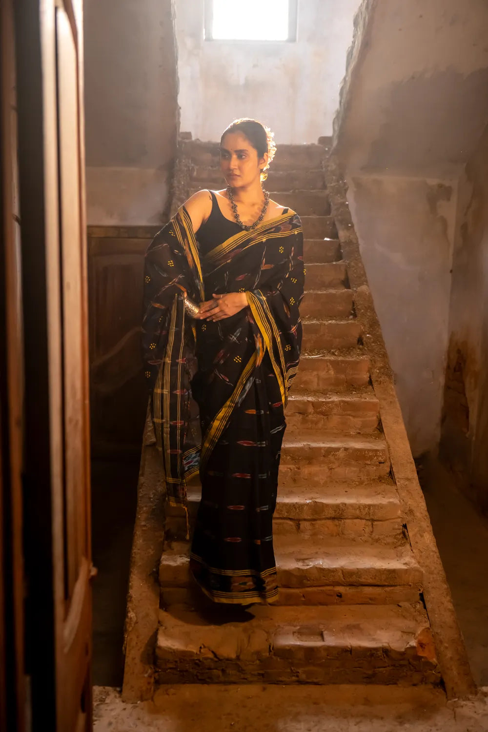 Handloom Black Pure Cotton Saree with Ikkat Border