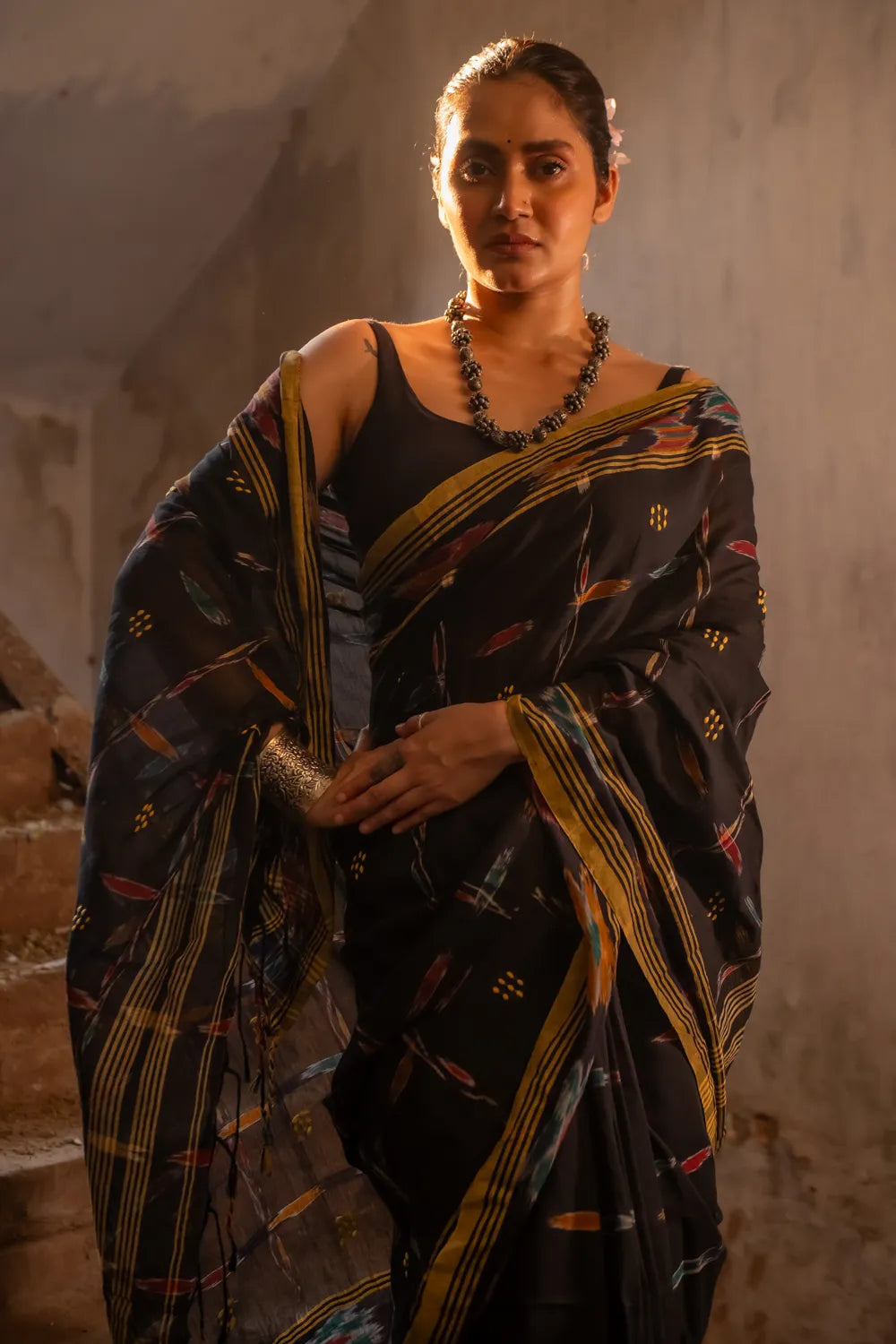 Handloom Black Pure Cotton Saree with Ikkat Border