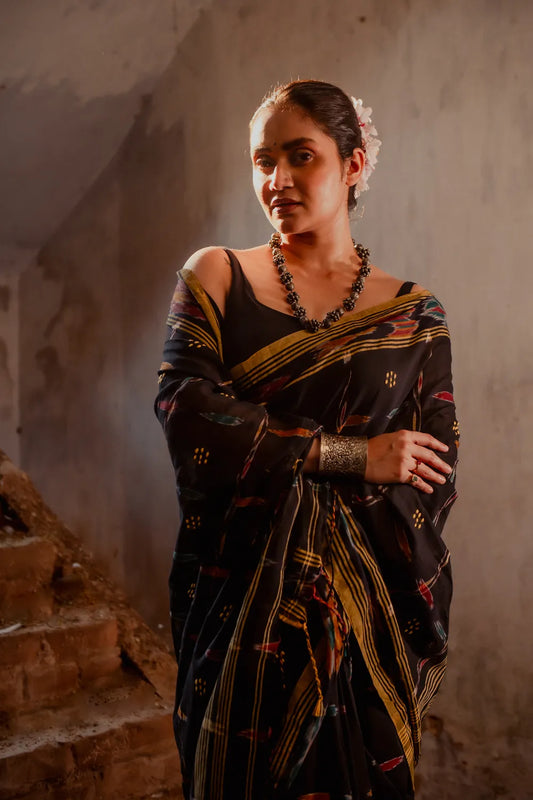 Handloom Black Pure Cotton Saree with Ikkat Border