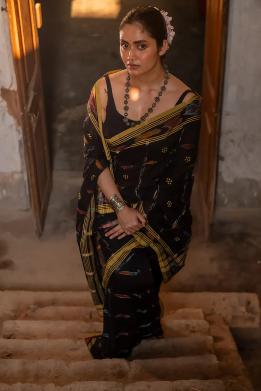 Handloom Black Pure Cotton Saree with Ikkat Border