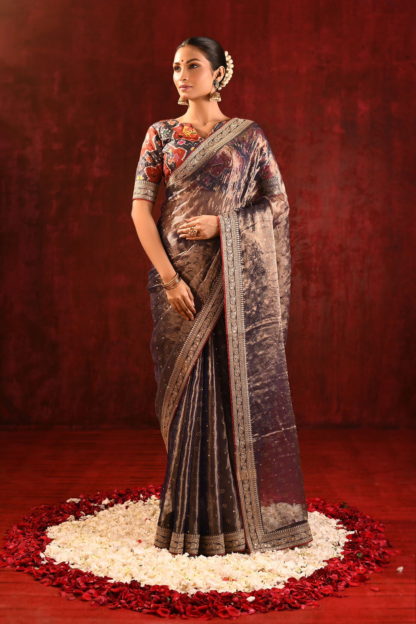 Shiny Dark Brown Tissue Foil Printed Saree