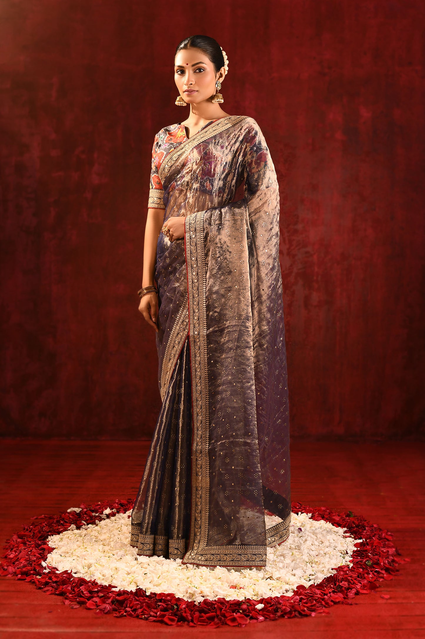 Shiny Dark Brown Tissue Foil Printed Saree
