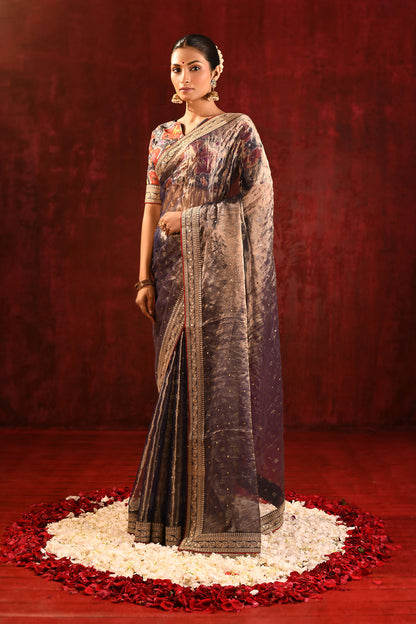 Shiny Dark Brown Tissue Foil Printed Saree