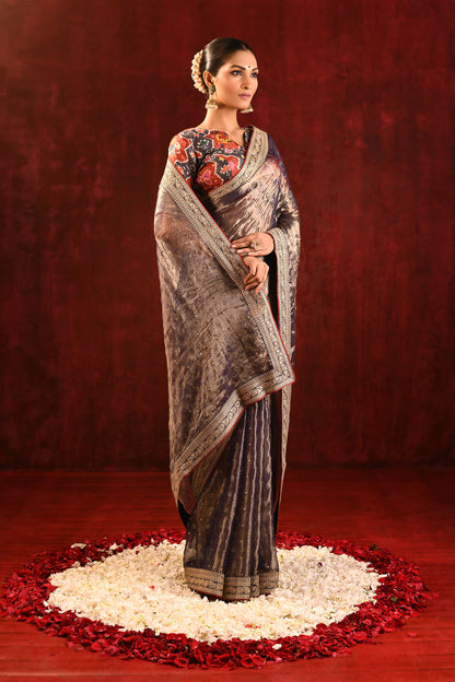 Shiny Dark Brown Tissue Foil Printed Saree