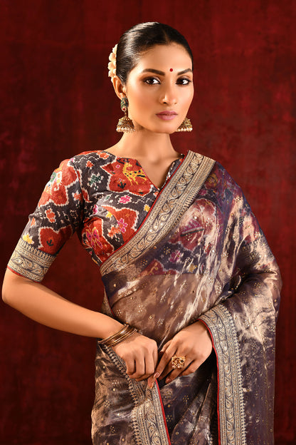 Shiny Dark Brown Tissue Foil Printed Saree