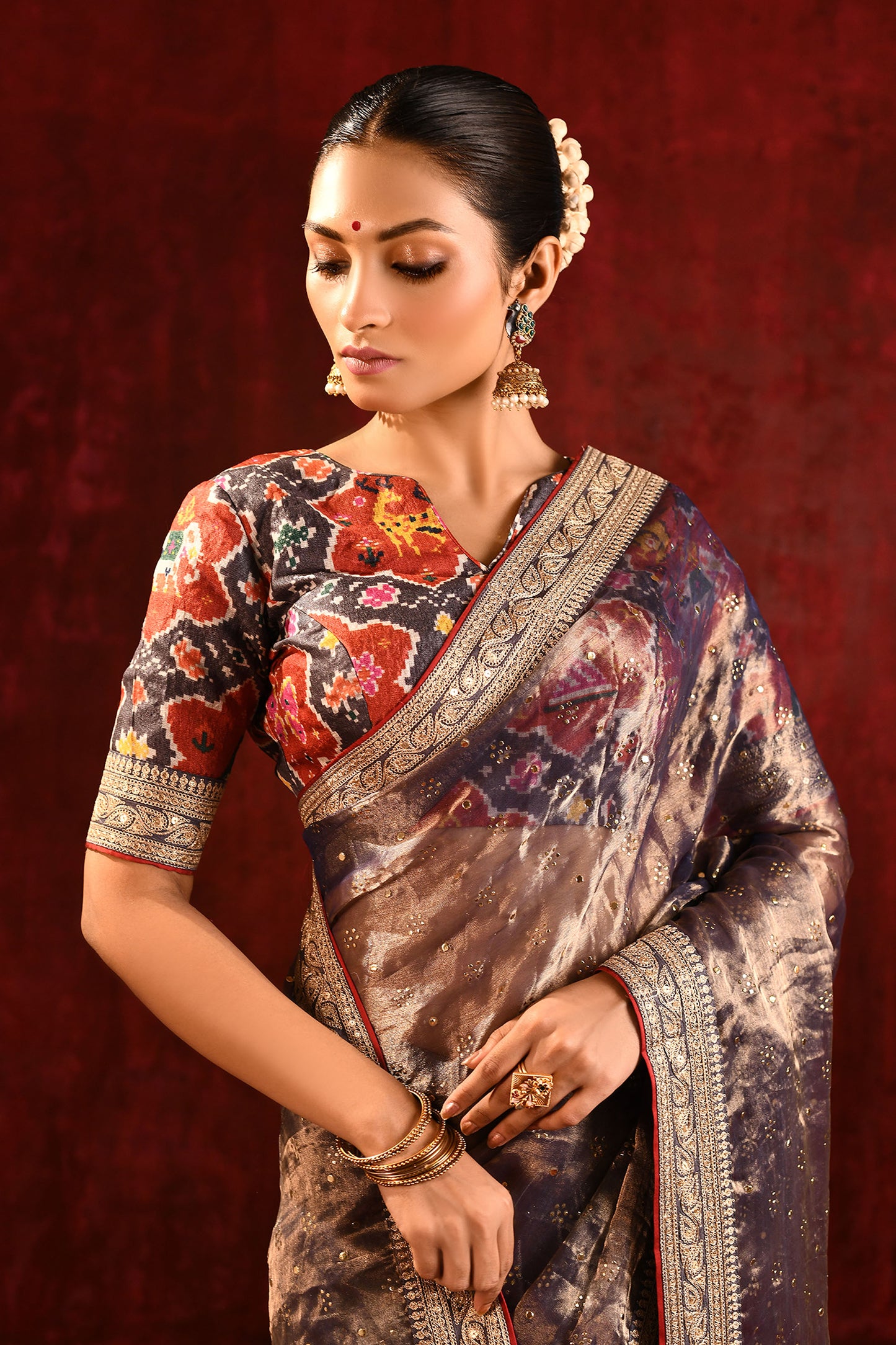 Shiny Dark Brown Tissue Foil Printed Saree