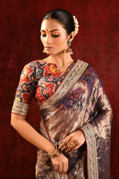 Shiny Dark Brown Tissue Foil Printed Saree
