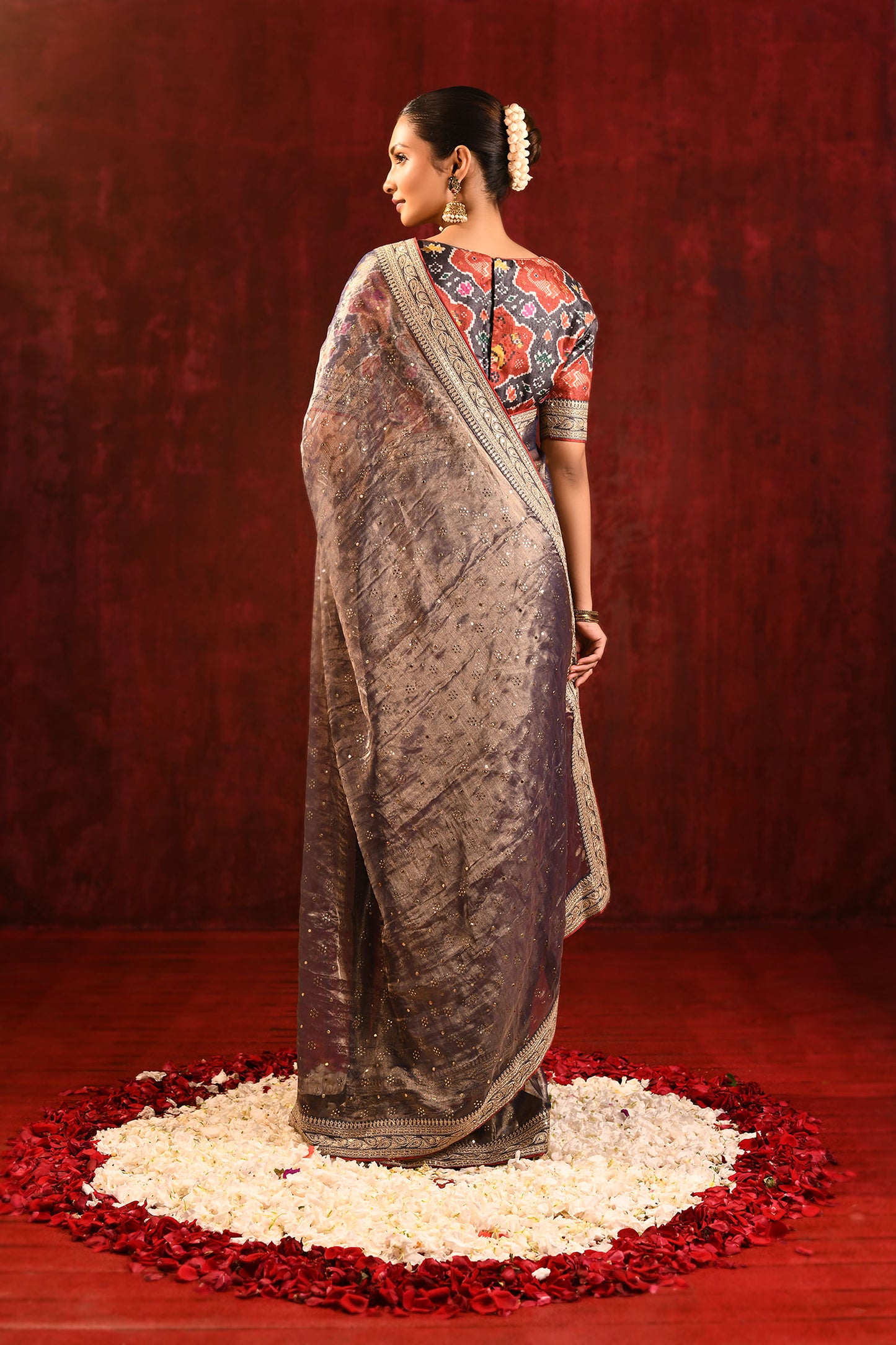 Shiny Dark Brown Tissue Foil Printed Saree