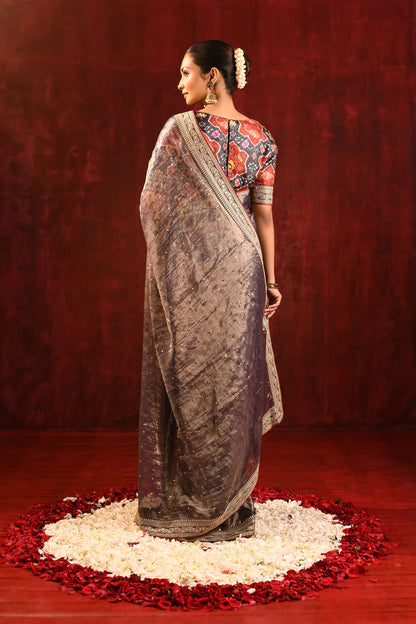 Shiny Dark Brown Tissue Foil Printed Saree