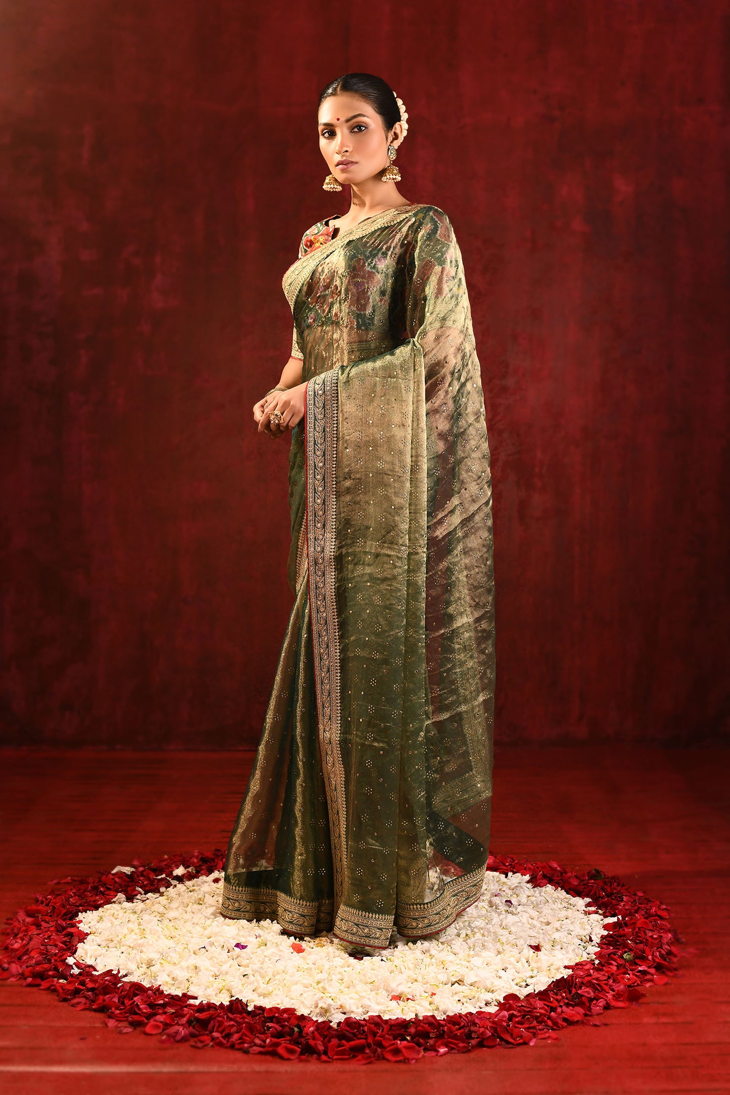 Moss Green Tissue Foil Printed Saree