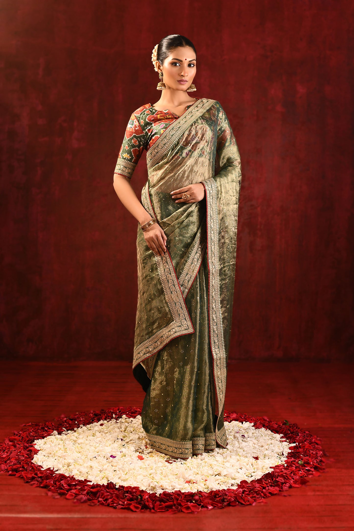 Moss Green Tissue Foil Printed Saree
