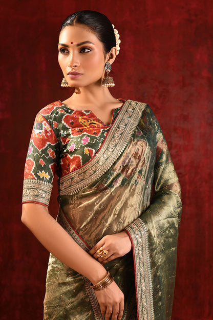 Moss Green Tissue Foil Printed Saree
