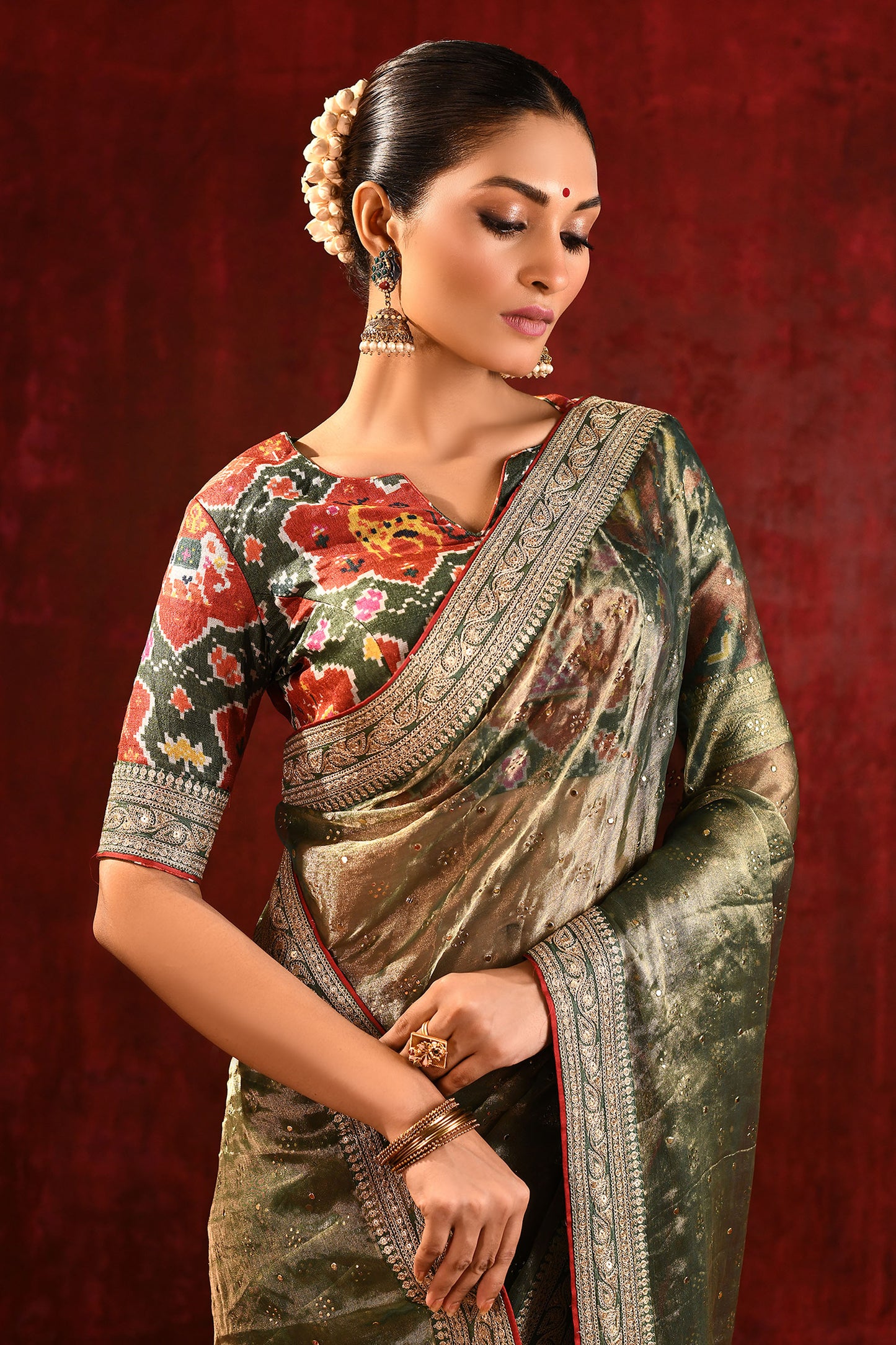 Moss Green Tissue Foil Printed Saree