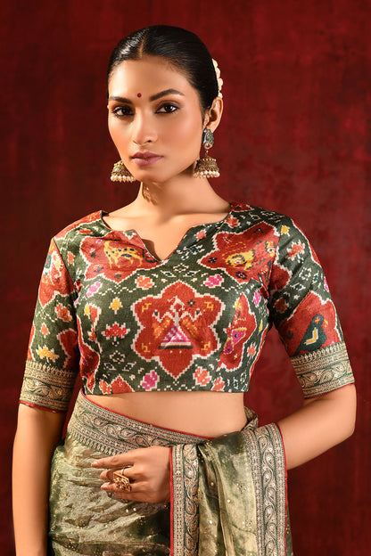 Moss Green Tissue Foil Printed Saree