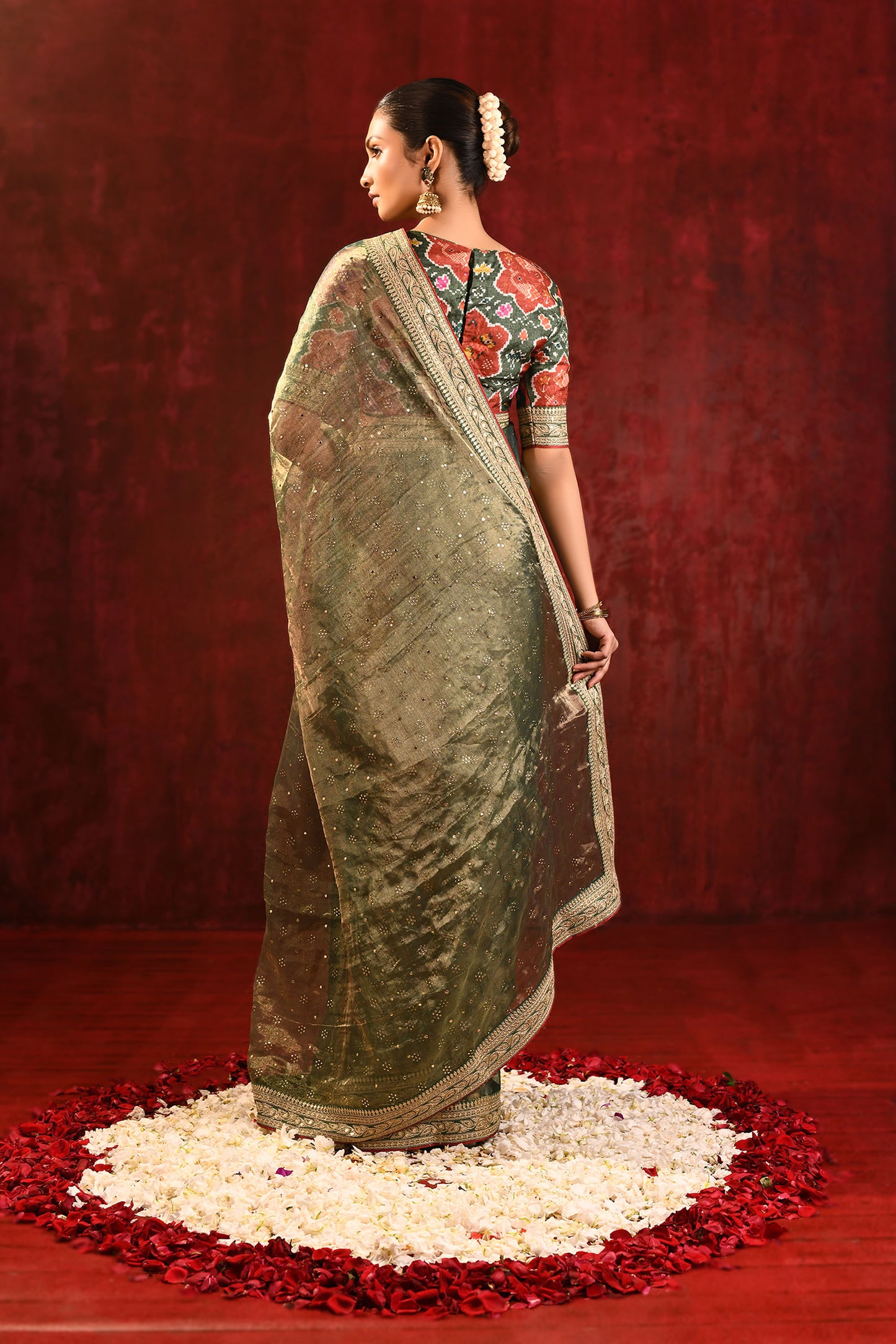 Moss Green Tissue Foil Printed Saree