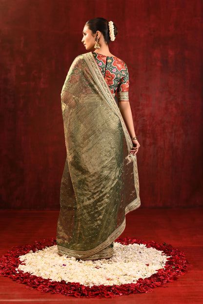 Moss Green Tissue Foil Printed Saree