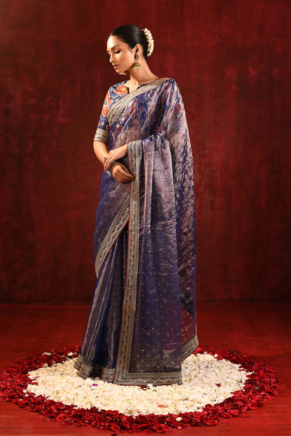 Metallic Blue Tissue Foil Printed Saree