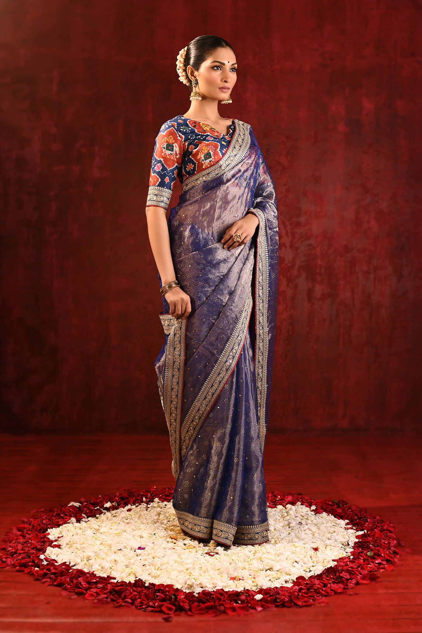 Metallic Blue Tissue Foil Printed Saree