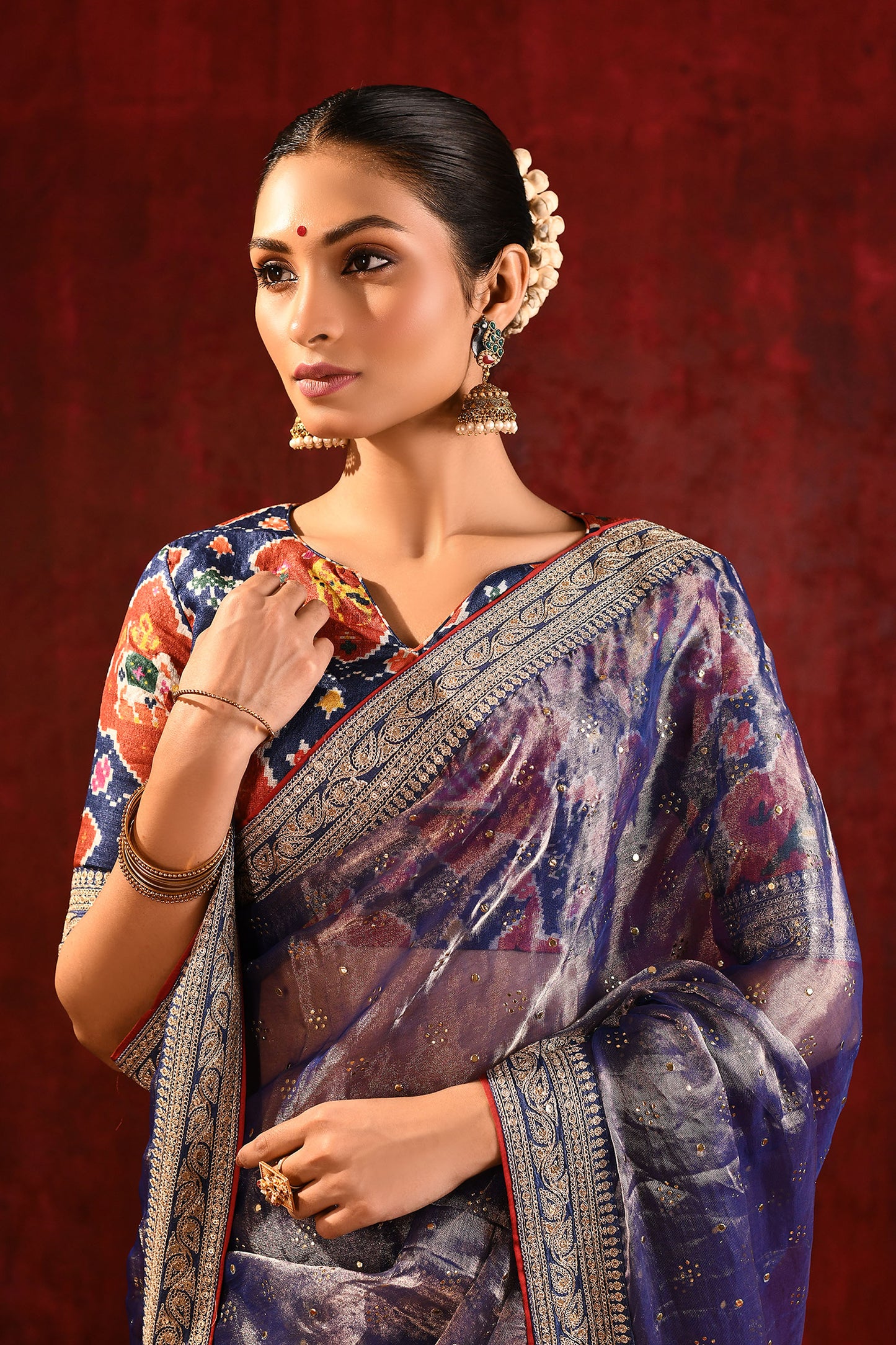 Metallic Blue Tissue Foil Printed Saree