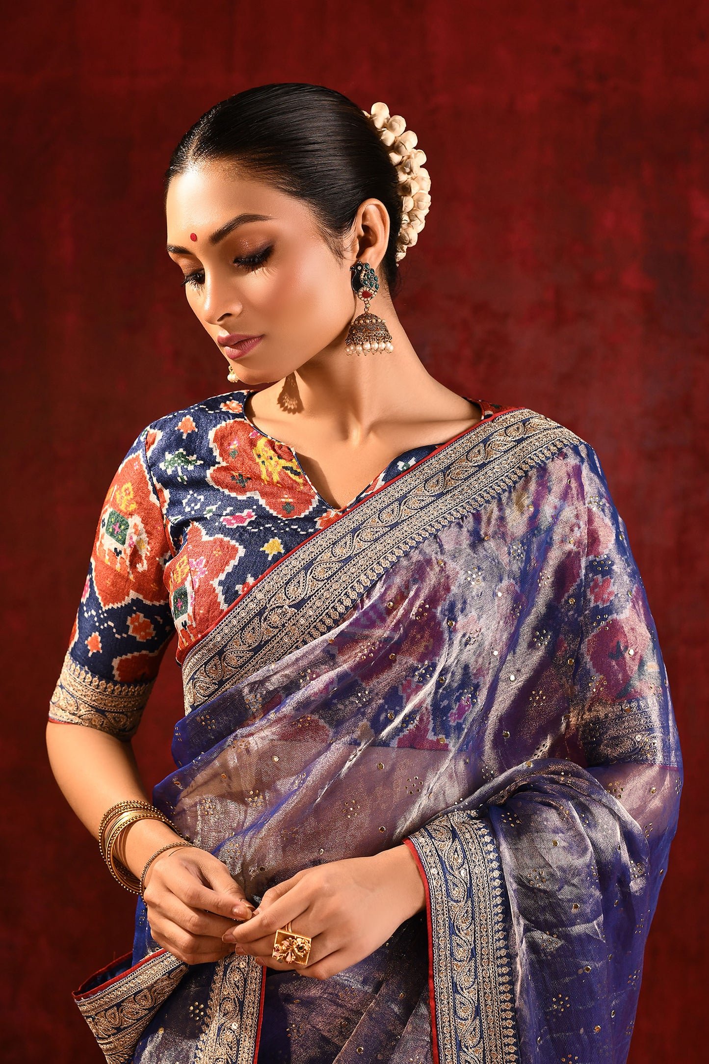 Metallic Blue Tissue Foil Printed Saree