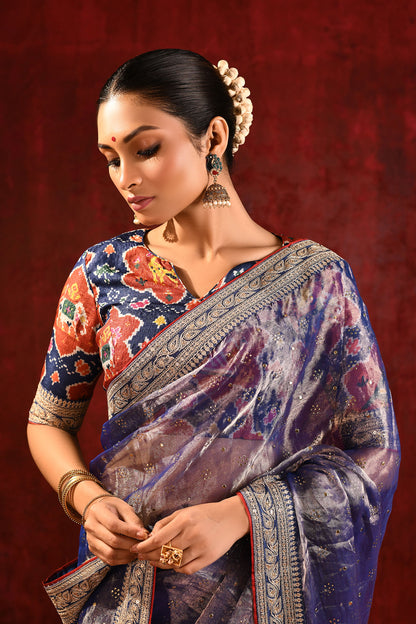 Metallic Blue Tissue Foil Printed Saree