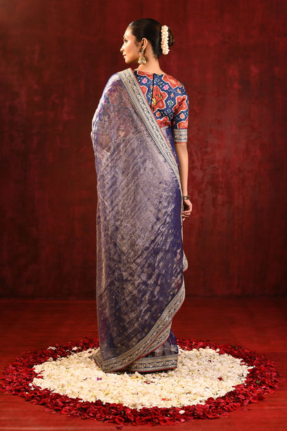 Metallic Blue Tissue Foil Printed Saree