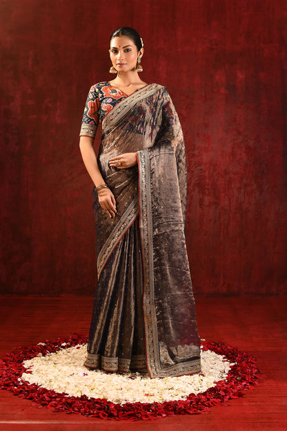 Dark Stone Brown Tissue Foil Printed Saree