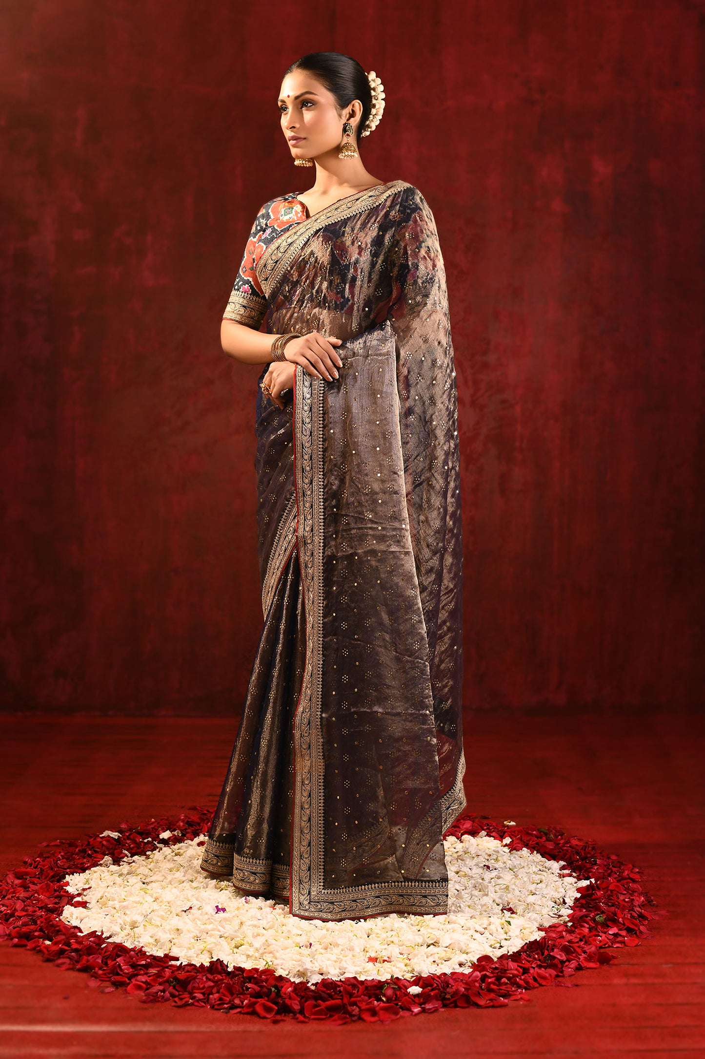 Dark Stone Brown Tissue Foil Printed Saree