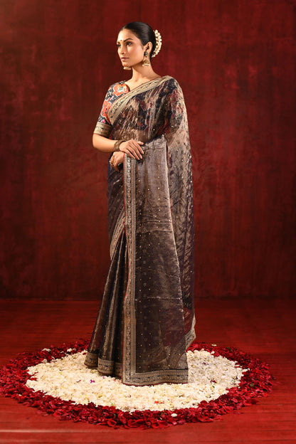 Dark Stone Brown Tissue Foil Printed Saree