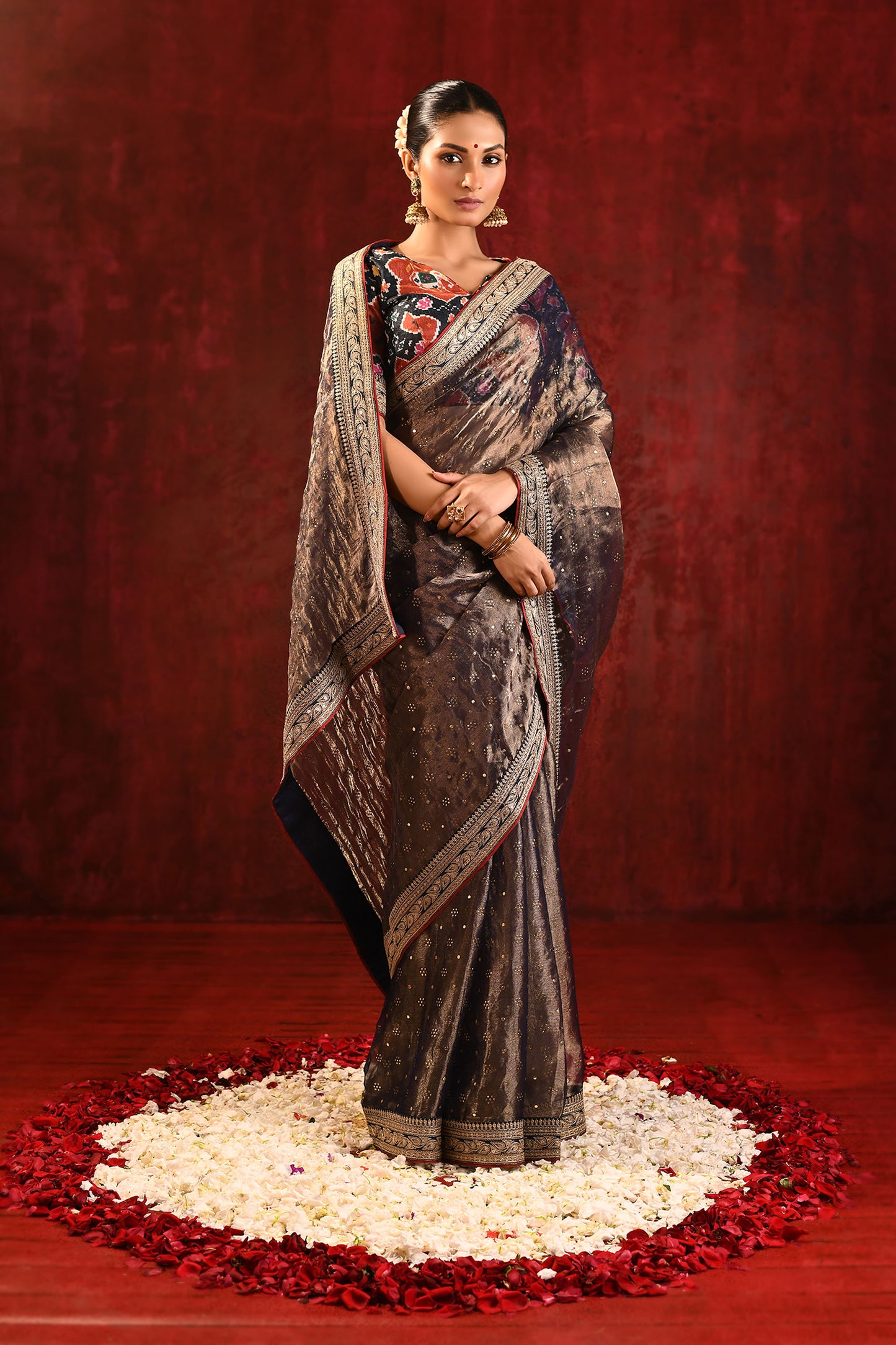 Dark Stone Brown Tissue Foil Printed Saree