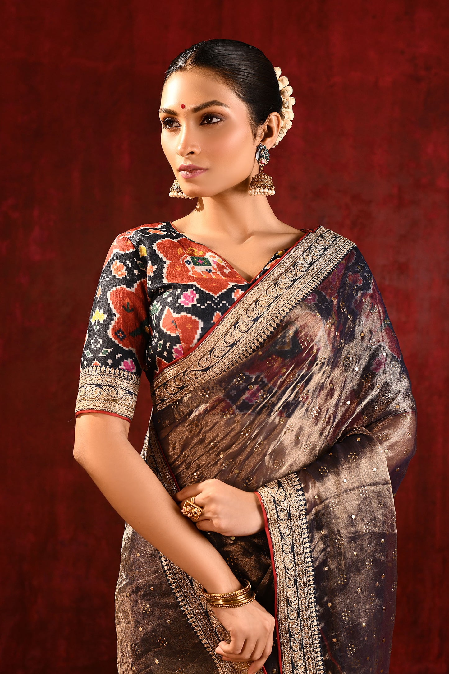 Dark Stone Brown Tissue Foil Printed Saree