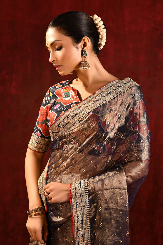 Dark Stone Brown Tissue Foil Printed Saree