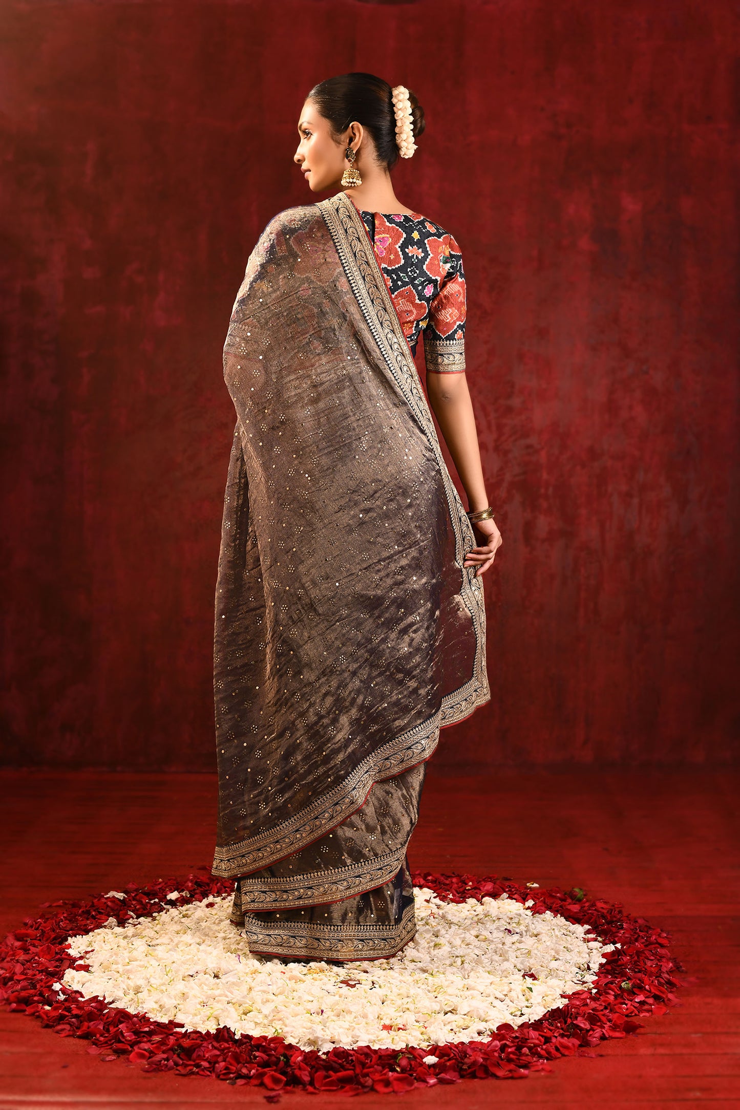 Dark Stone Brown Tissue Foil Printed Saree