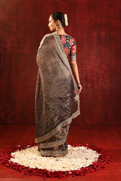 Dark Stone Brown Tissue Foil Printed Saree