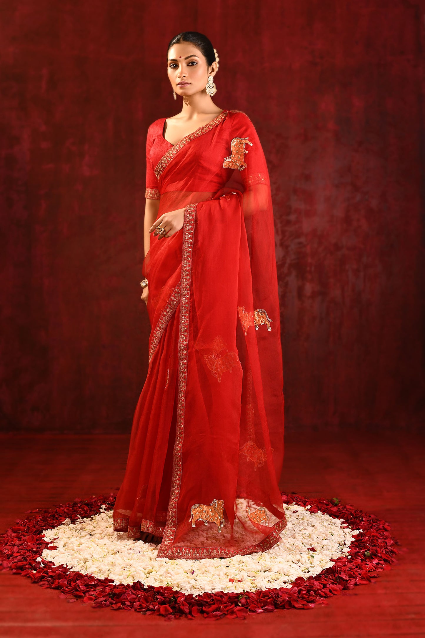 Crimson Red Embroidered Organza Gomatha Saree