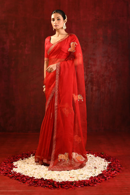 Crimson Red Embroidered Organza Gomatha Saree