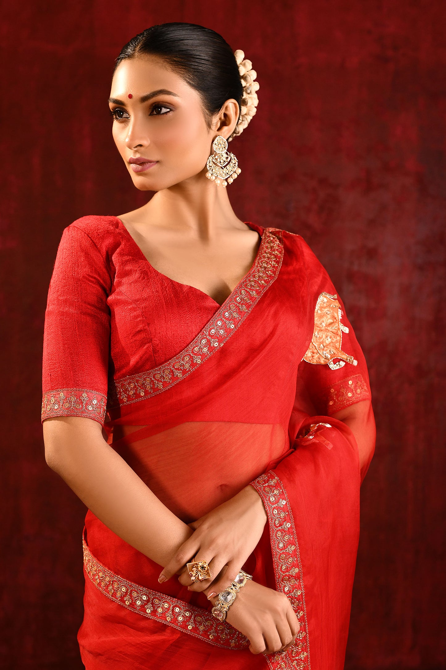 Crimson Red Embroidered Organza Gomatha Saree