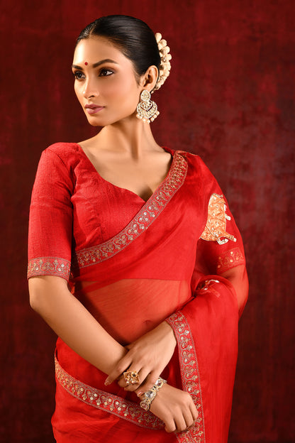 Crimson Red Embroidered Organza Gomatha Saree