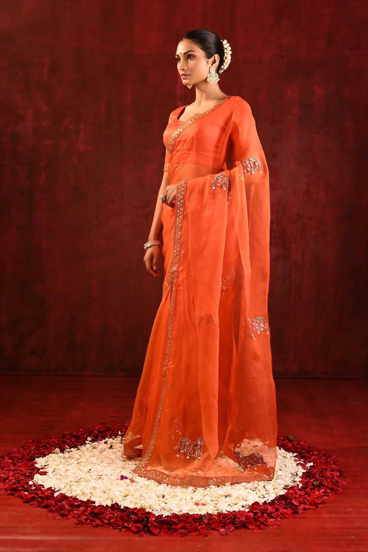 Bright Orange Embroidered Gomatha Organza Saree