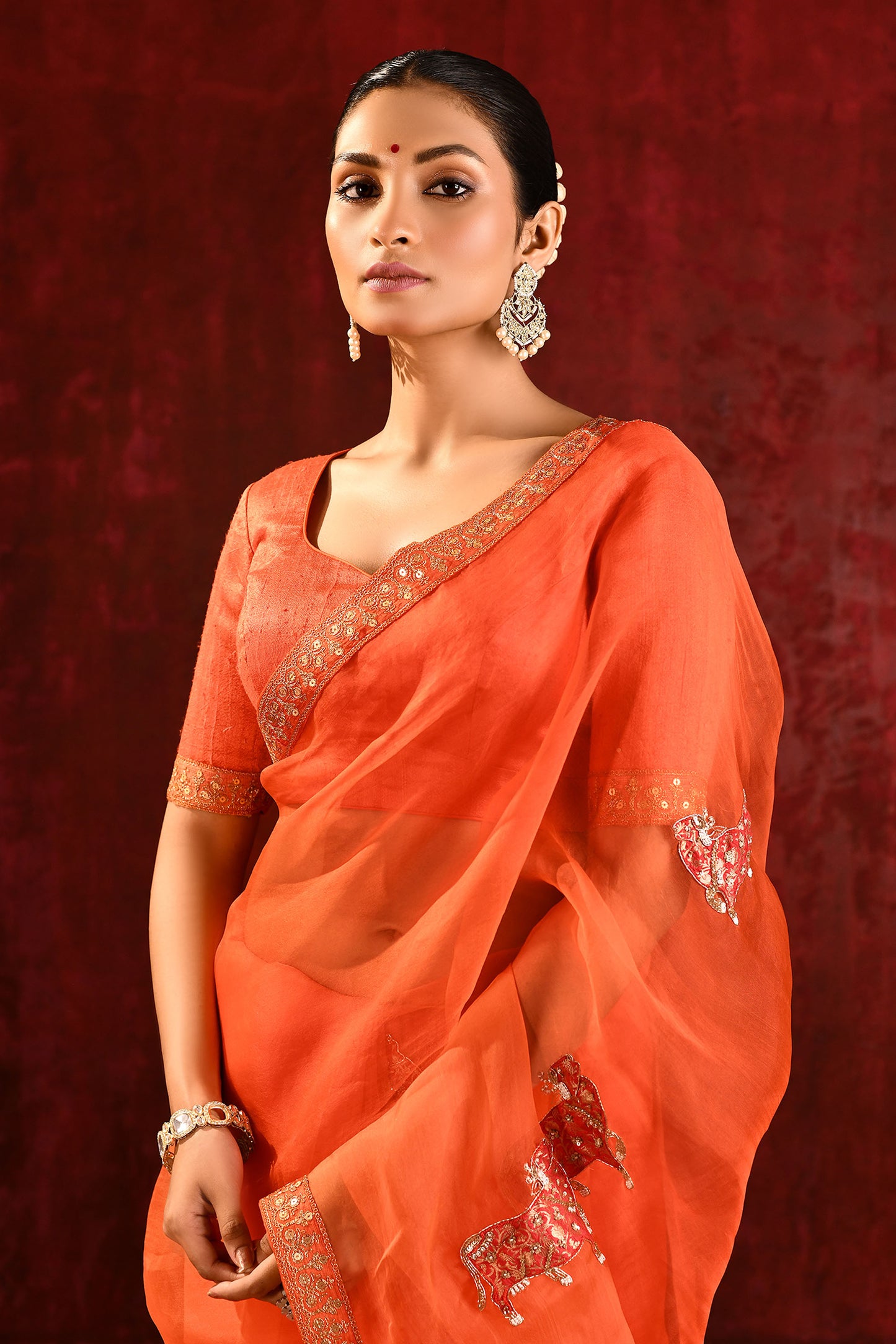 Bright Orange Embroidered Gomatha Organza Saree