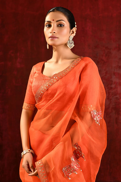 Bright Orange Embroidered Gomatha Organza Saree