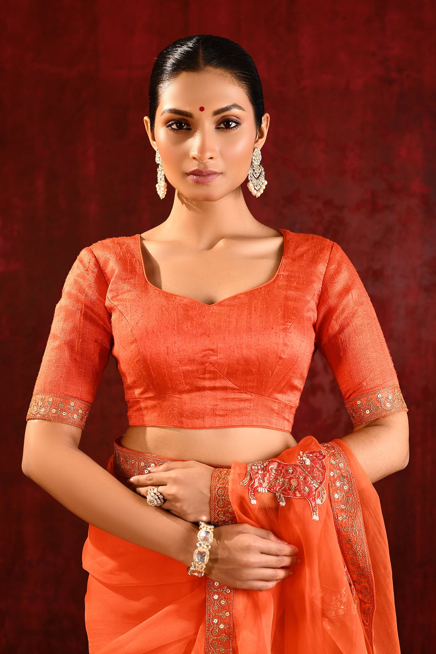 Bright Orange Embroidered Gomatha Organza Saree