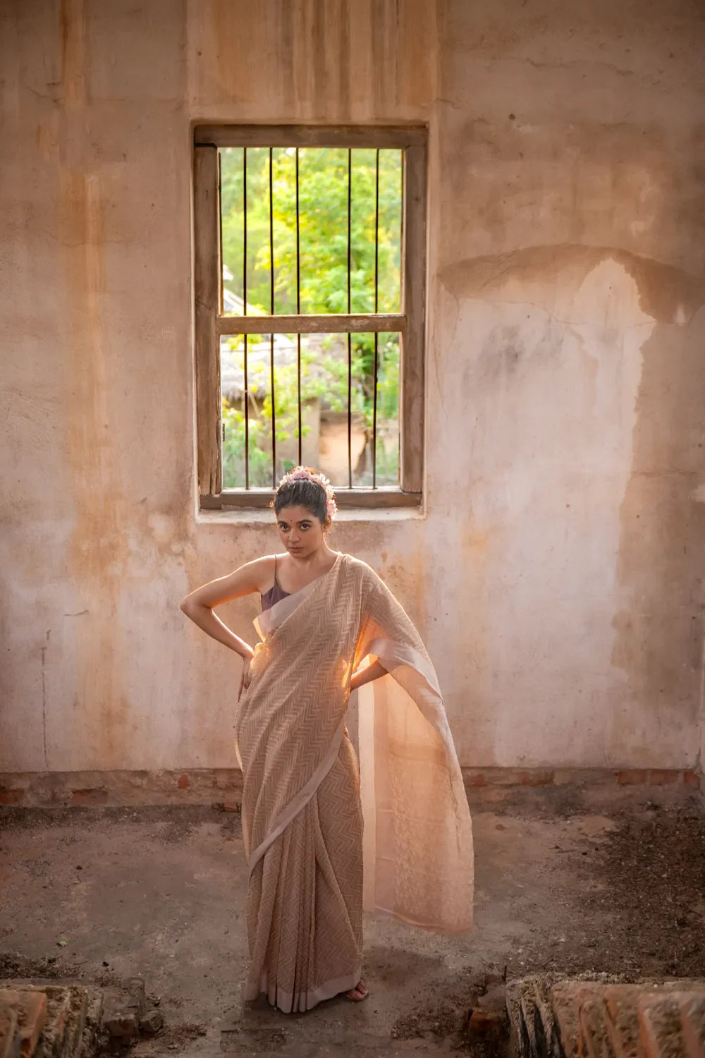 Handloom Beige Sandscape Linen Cotton Saree