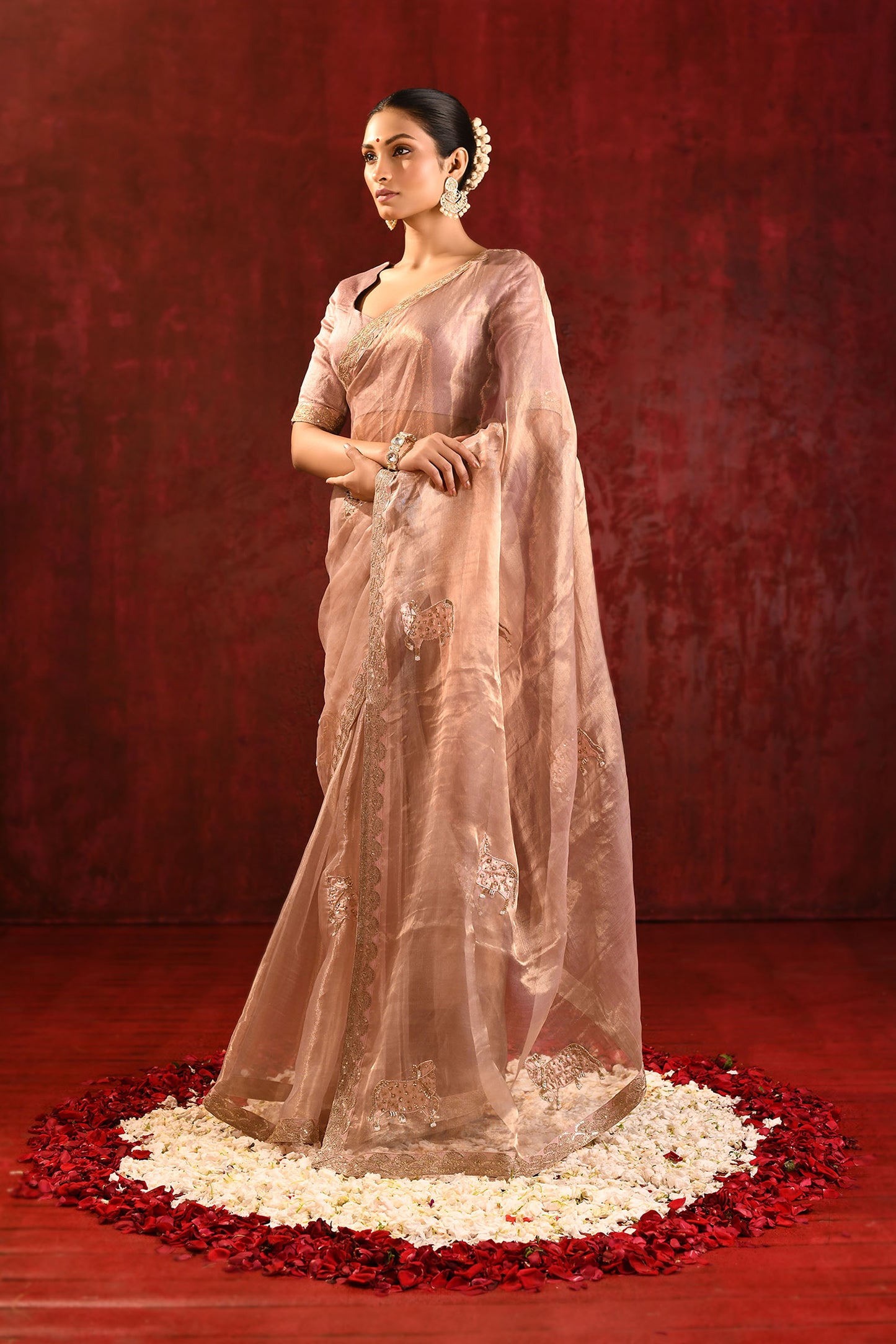 Beige Gold Embroidered Tissue Gomatha Saree