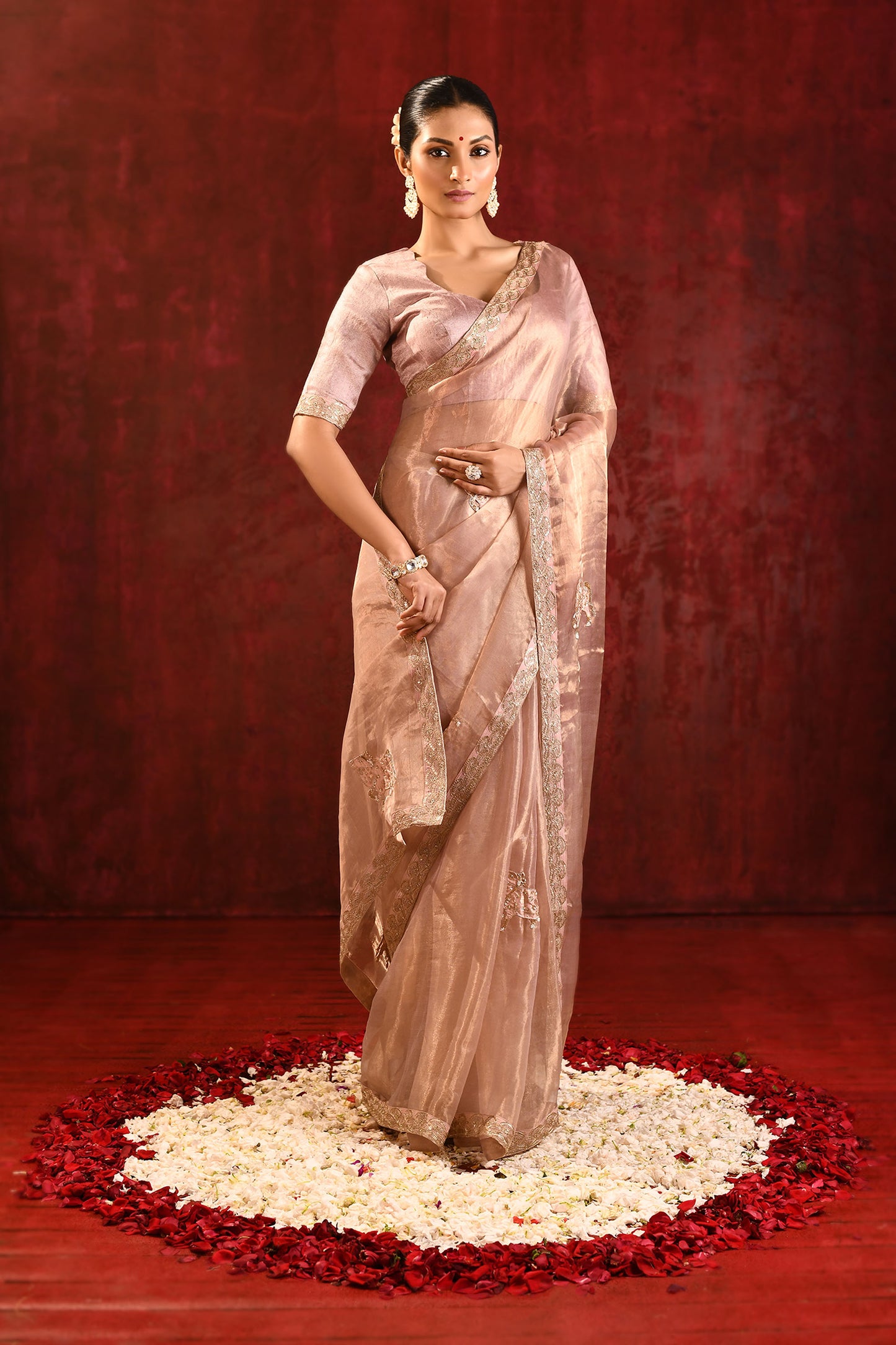 Beige Gold Embroidered Tissue Gomatha Saree