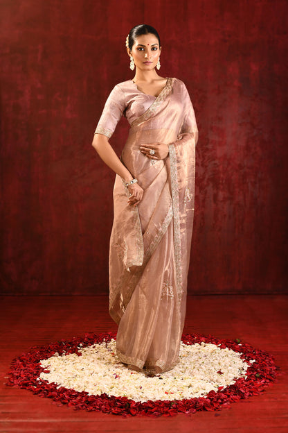 Beige Gold Embroidered Tissue Gomatha Saree