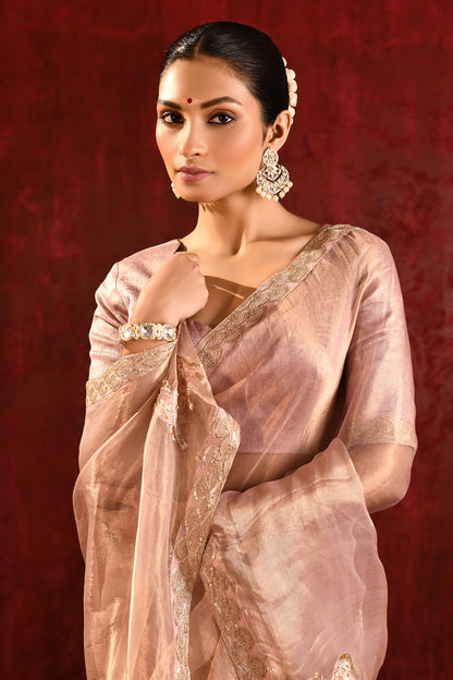 Beige Gold Embroidered Tissue Gomatha Saree