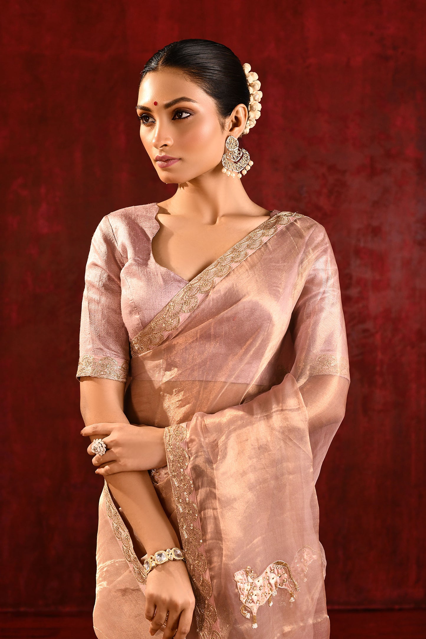 Beige Gold Embroidered Tissue Gomatha Saree